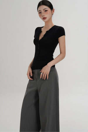 Wool Henley V-Neck Short Sleeve Top