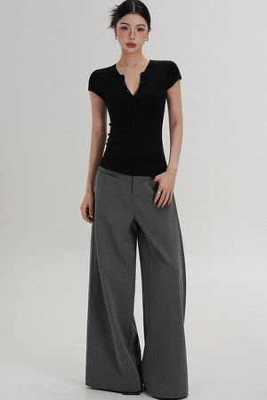 Wool Henley V-Neck Short Sleeve Top