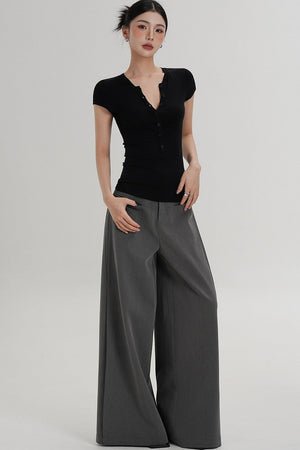 Wool Henley V-Neck Short Sleeve Top