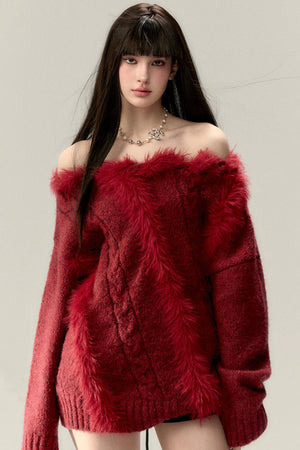 Wool Knit Slanted Shoulder Sweater