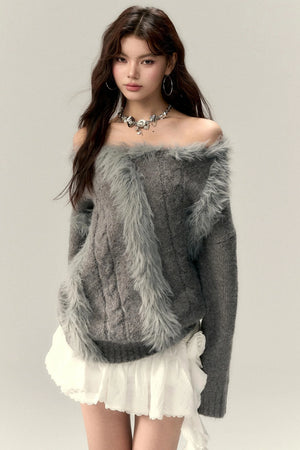 Wool Knit Slanted Shoulder Sweater