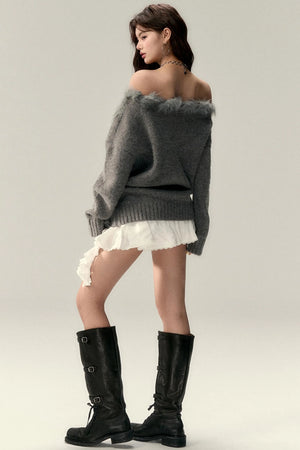 Wool Knit Slanted Shoulder Sweater