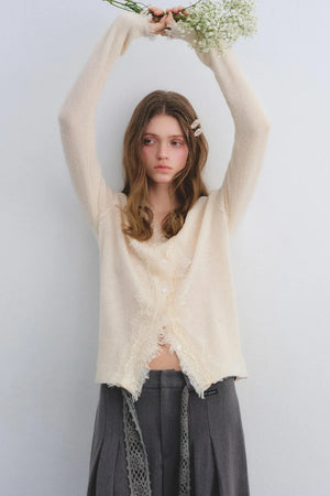 Wool Lace V-Neck Knit Top