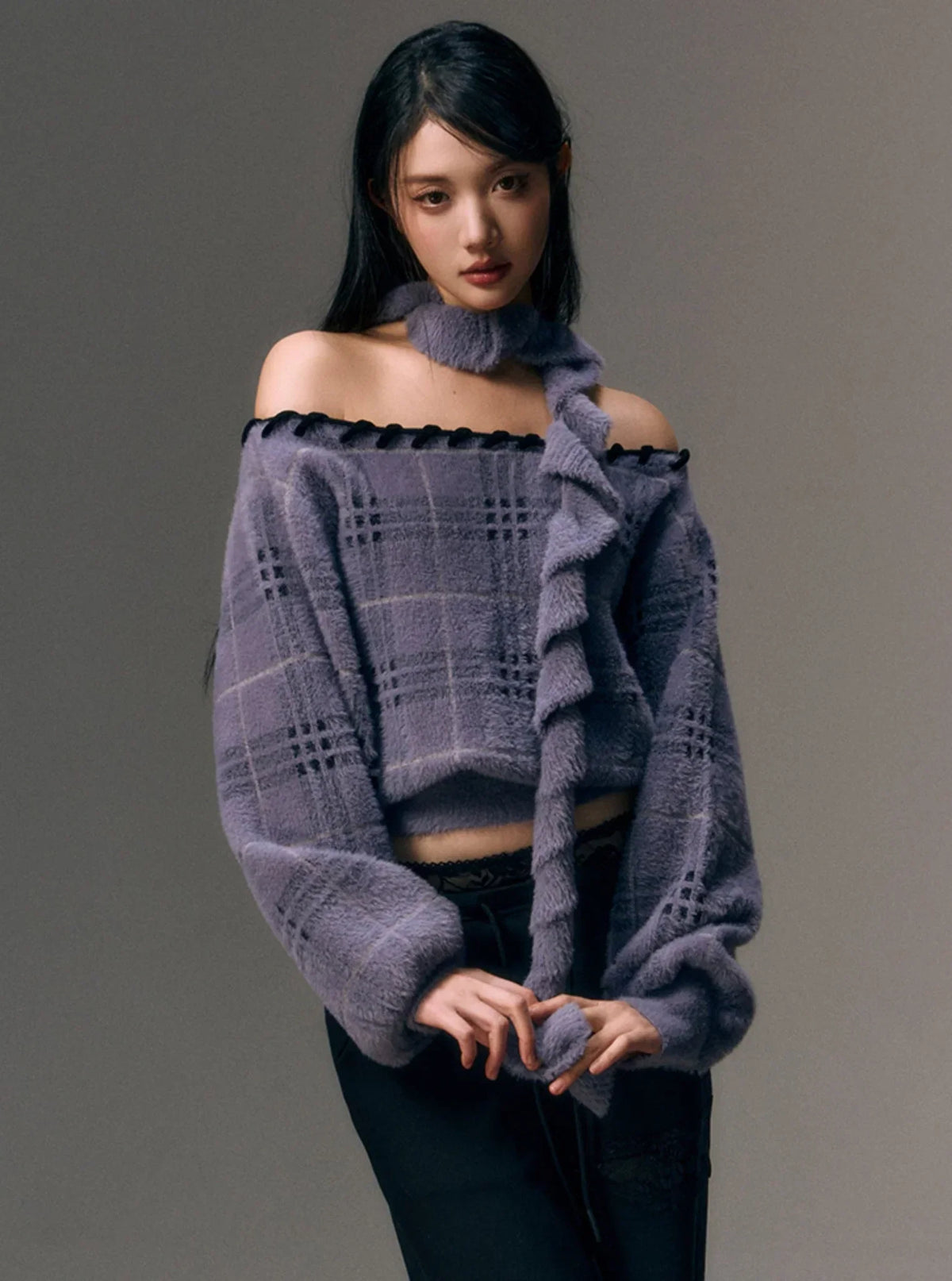 Wool Shoulder Sweater with Ruffled Scarf