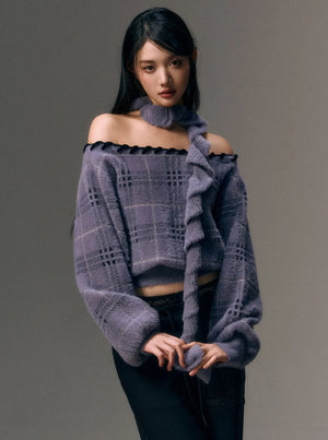 Wool Shoulder Sweater with Ruffled Scarf
