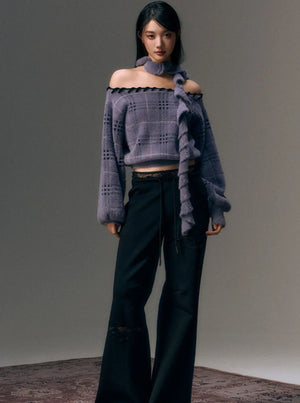 Wool Shoulder Sweater with Ruffled Scarf
