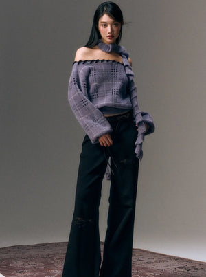 Wool Shoulder Sweater with Ruffled Scarf