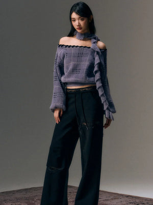 Wool Shoulder Sweater with Ruffled Scarf
