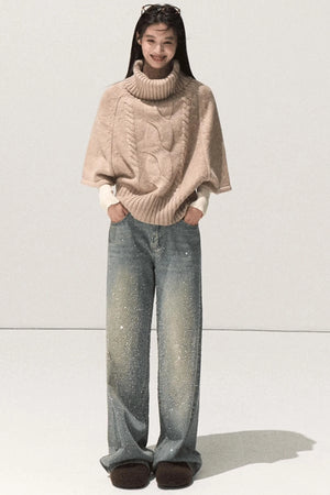 Wool Twist Knit Cape Sweater Top Skirt Set-Up