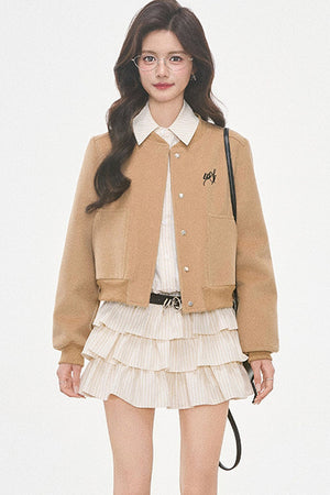 Woolen Baseball Jacket with Tiered Shirt Dress Set-Up