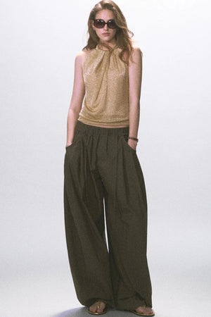 Wrinkled Twill Wide-Leg Pants