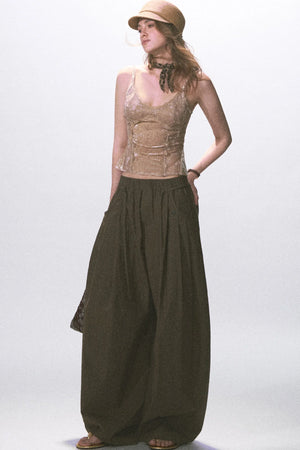 Wrinkled Twill Wide-Leg Pants