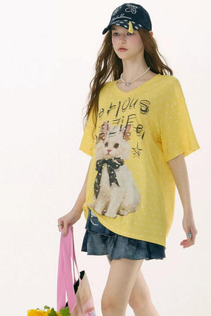 Yellow Cat Print Polka Dot T-Shirt