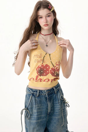 Yellow Cherry Print Knit Halter Top