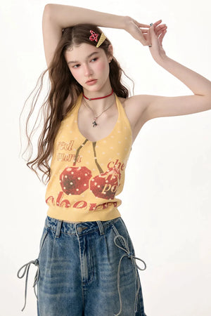 Yellow Cherry Print Knit Halter Top