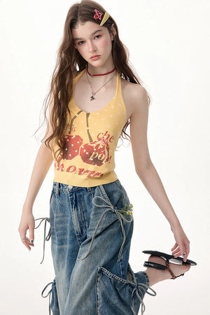 Yellow Cherry Print Knit Halter Top