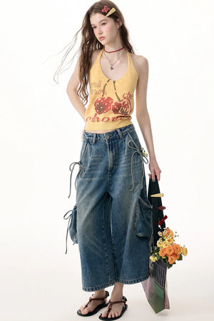 Yellow Cherry Print Knit Halter Top