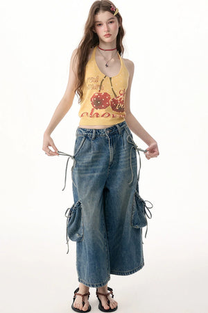 Yellow Cherry Print Knit Halter Top