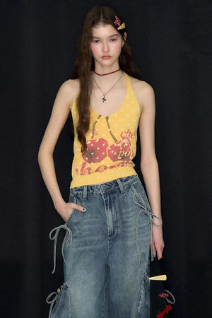 Yellow Cherry Print Knit Halter Top