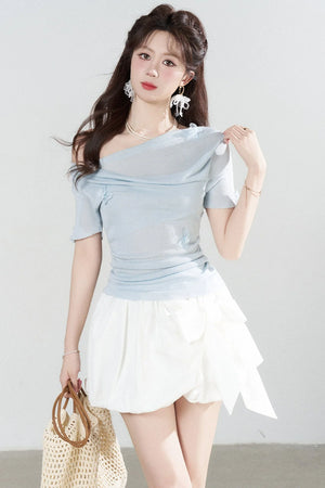 Yellow Draped Neck Short Sleeve Knit Top