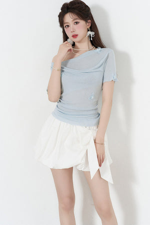 Yellow Draped Neck Short Sleeve Knit Top