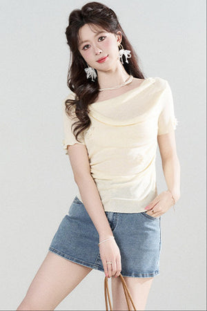 Yellow Draped Neck Short Sleeve Knit Top