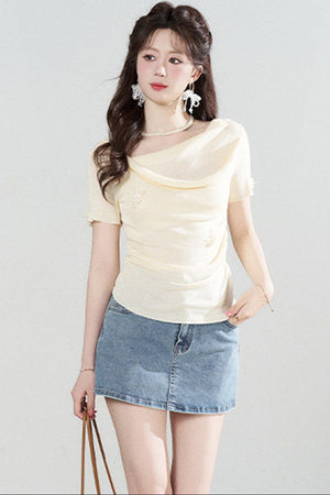 Yellow Draped Neck Short Sleeve Knit Top