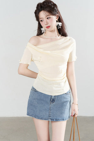 Yellow Draped Neck Short Sleeve Knit Top