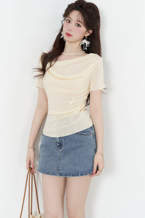 Yellow Draped Neck Short Sleeve Knit Top