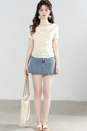 Yellow Draped Neck Short Sleeve Knit Top
