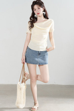 Yellow Draped Neck Short Sleeve Knit Top