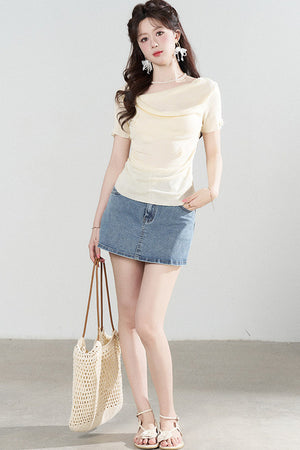 Yellow Draped Neck Short Sleeve Knit Top