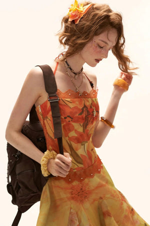 Yellow Floral Halter Dress