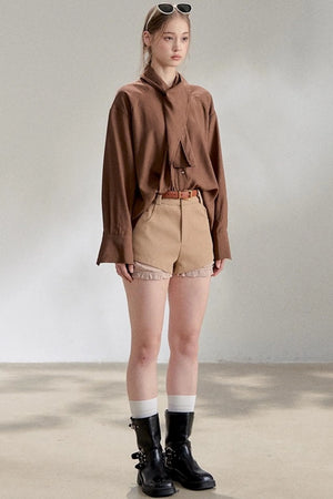 Yellow Lace-up Stand Collar Shirt