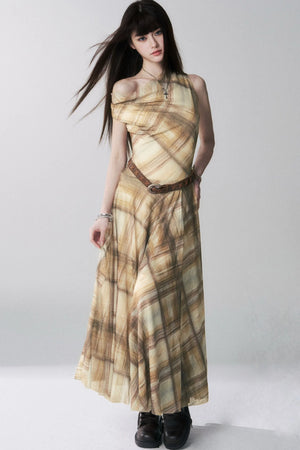 Yellow Plaid Off-Shoulder Dress Set