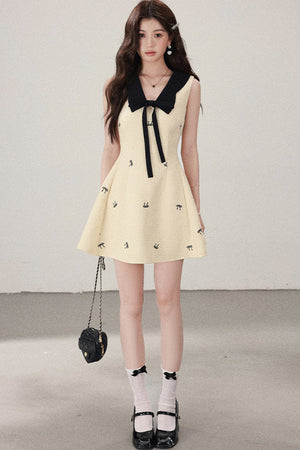 Yellow Sleeveless Bow Collar Dress