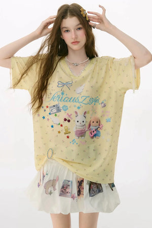 Yellow V-Neck Lace Floral T-Shirt