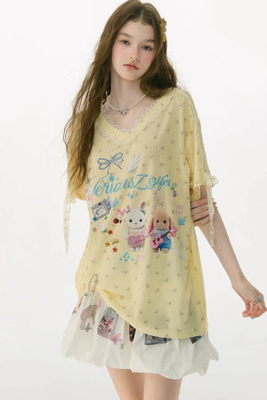 Yellow V-Neck Lace Floral T-Shirt