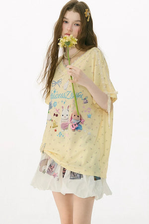 Yellow V-Neck Lace Floral T-Shirt