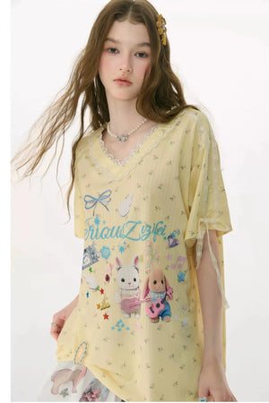 Yellow V-Neck Lace Floral T-Shirt