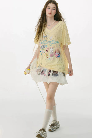 Yellow V-Neck Lace Floral T-Shirt