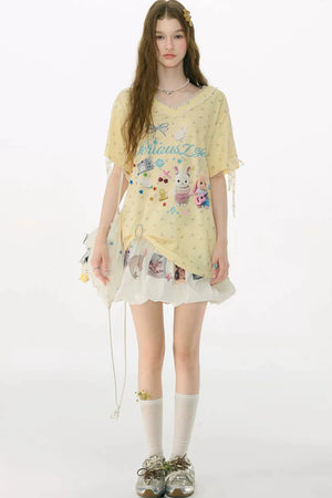 Yellow V-Neck Lace Floral T-Shirt
