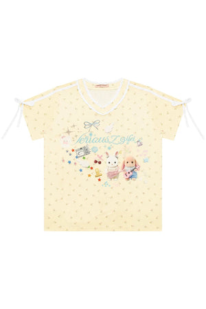 Yellow V-Neck Lace Floral T-Shirt