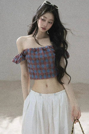 Youthful Plaid Off-Shoulder Top