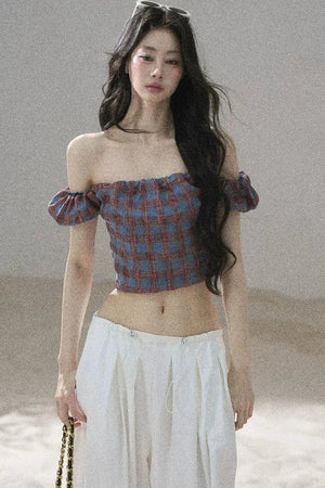 Youthful Plaid Off-Shoulder Top