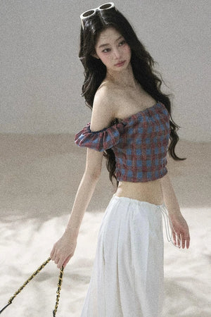Youthful Plaid Off-Shoulder Top