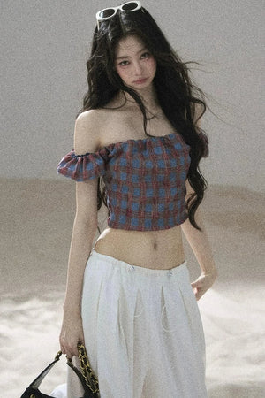 Youthful Plaid Off-Shoulder Top