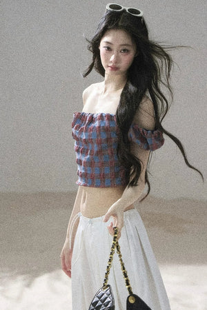 Youthful Plaid Off-Shoulder Top