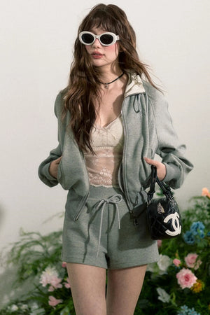 Zip-Up Sweater Jacket With Shorts Set-Up