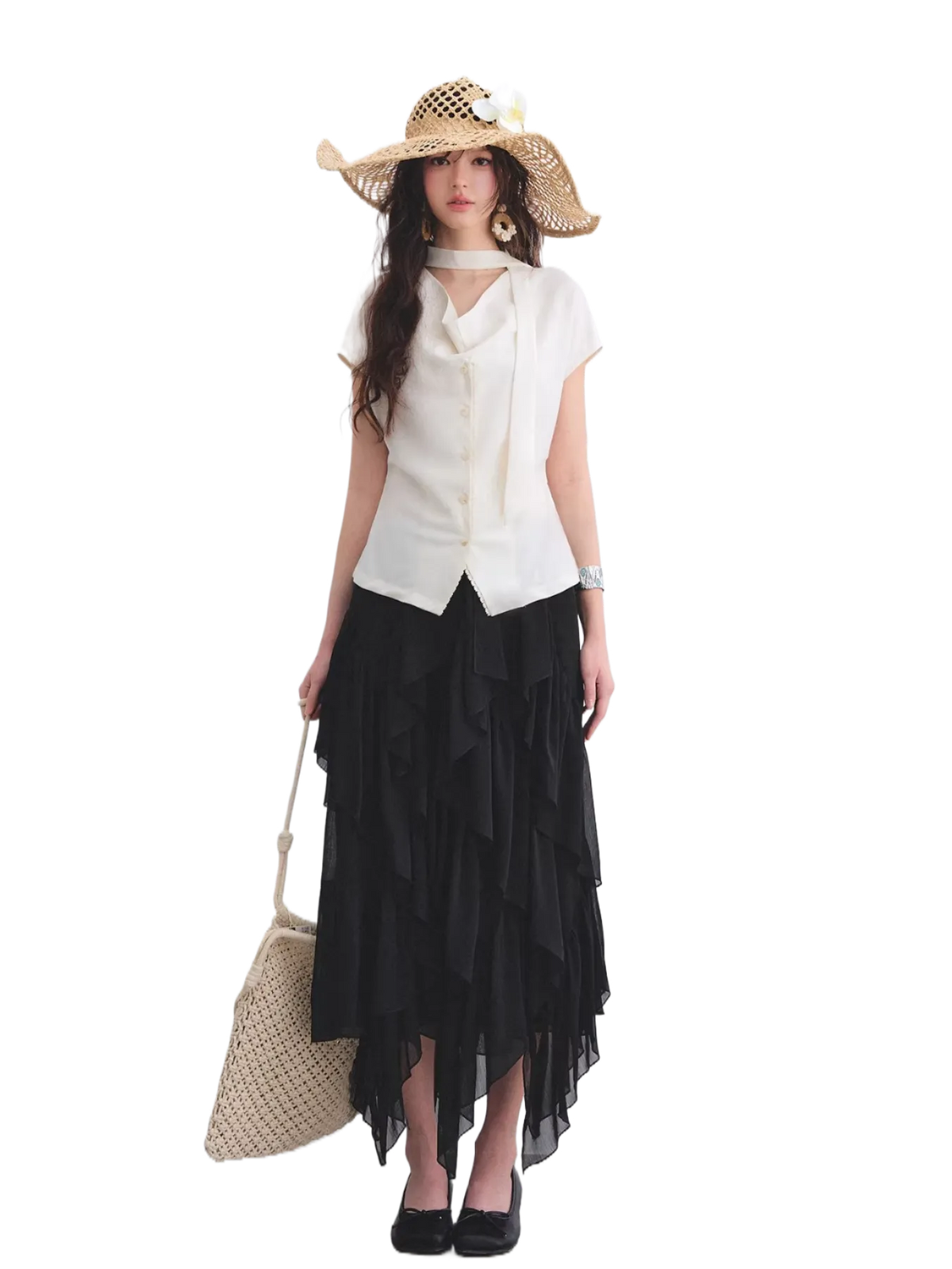 Asymmetric Ruffle Hem Chiffon Midi Skirt